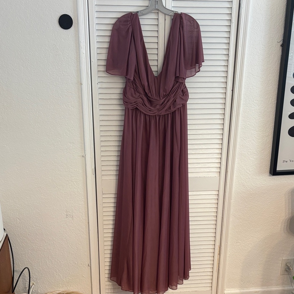 David's Bridal Dusty Mauve V-Neck Flutter Sleeve Maxi Dress